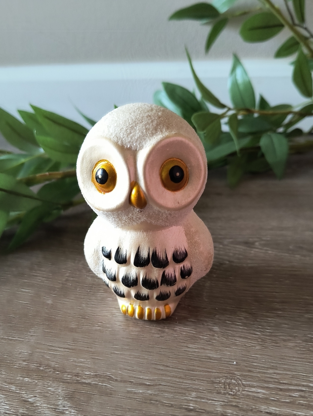 Small White Glittery Owl Figurine Vintage Style Holiday Decor 4" Cute!